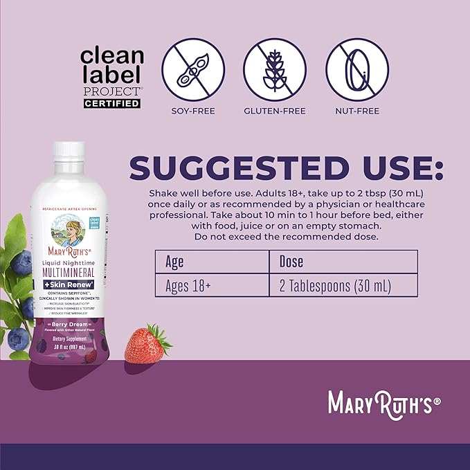 MaryRuth's Liquid Nighttime Liquid Multimineral + Skin Renew | Clinically Shown in Women to Reduce Fine Wrinkle & Improve Skin Firmness | Sepitone | NO Melatonin | Magnesium | Vegan | 30 Servings