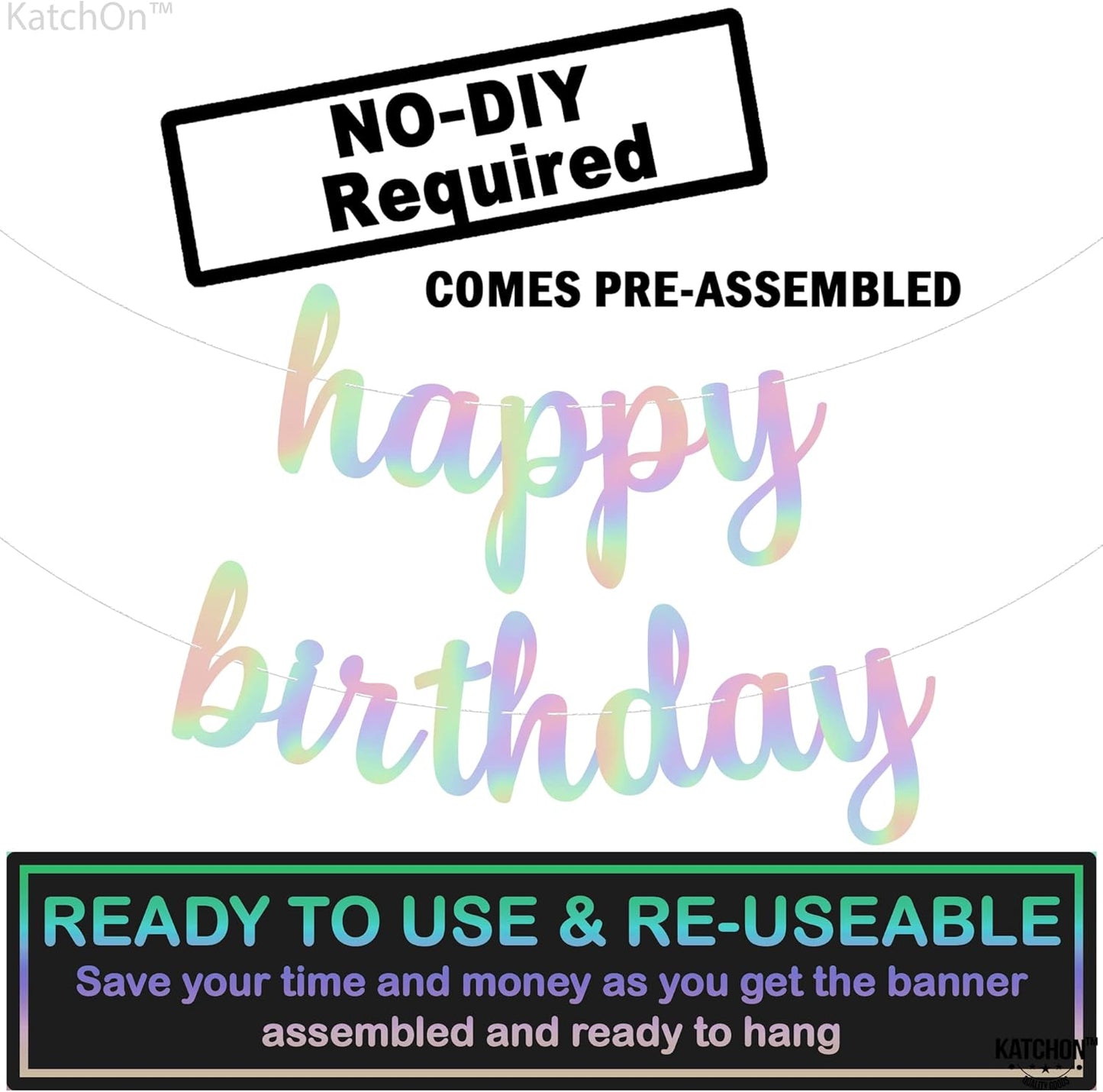 KatchOn, Pre-Strung Iridescent Happy Birthday Banner - 10 Feet | Iridescent happy Birthday Sign for Holographic Happy Birthday Decorations | Mermaid Birthday Decorations | Iridescent Party Decorations