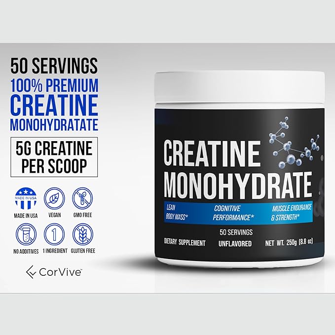 Creatine Monohydrate - Pure & Unflavored Creatine Powder - Vegan, Gluten Free, No Additives, Non-GMO - Easy-Mix Formula for Strength & Performance Support - 5 g per Serving - 50 Servings