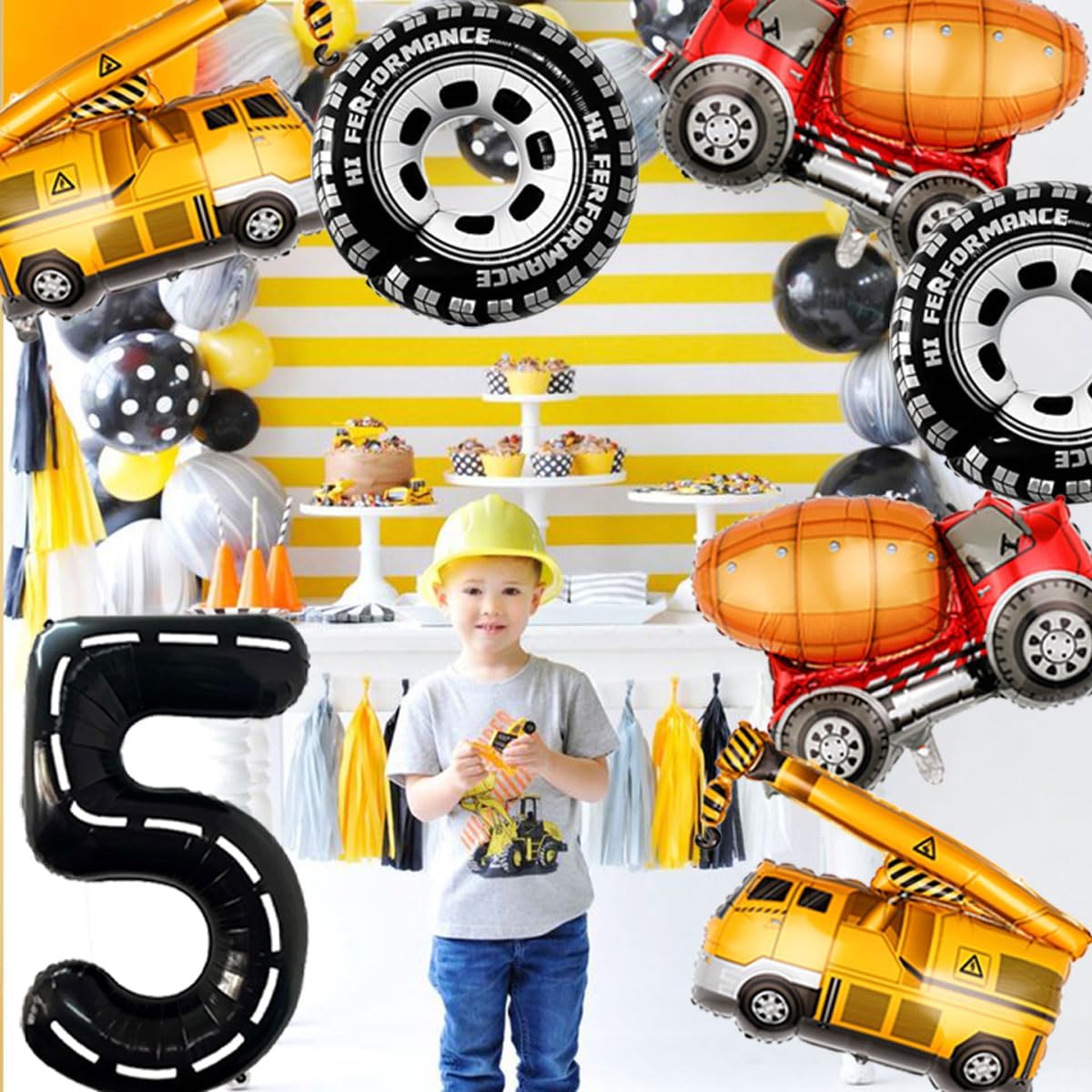 Construction Balloons 5rd Birthday Decorations for Boys 40inch Number 5 Balloons Truck Foil Balloon for Construction Birthday Party Decorations Supplies