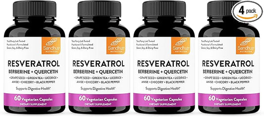 Sandhu's Resveratrol with Berberine for Gut Health | Digestive Supplement for Women & Men | Green Tea, Star Anise, DGL, Grape Seed Extract & Quercetin | Eases Bloating | 60 Capsules (Pack of 4)