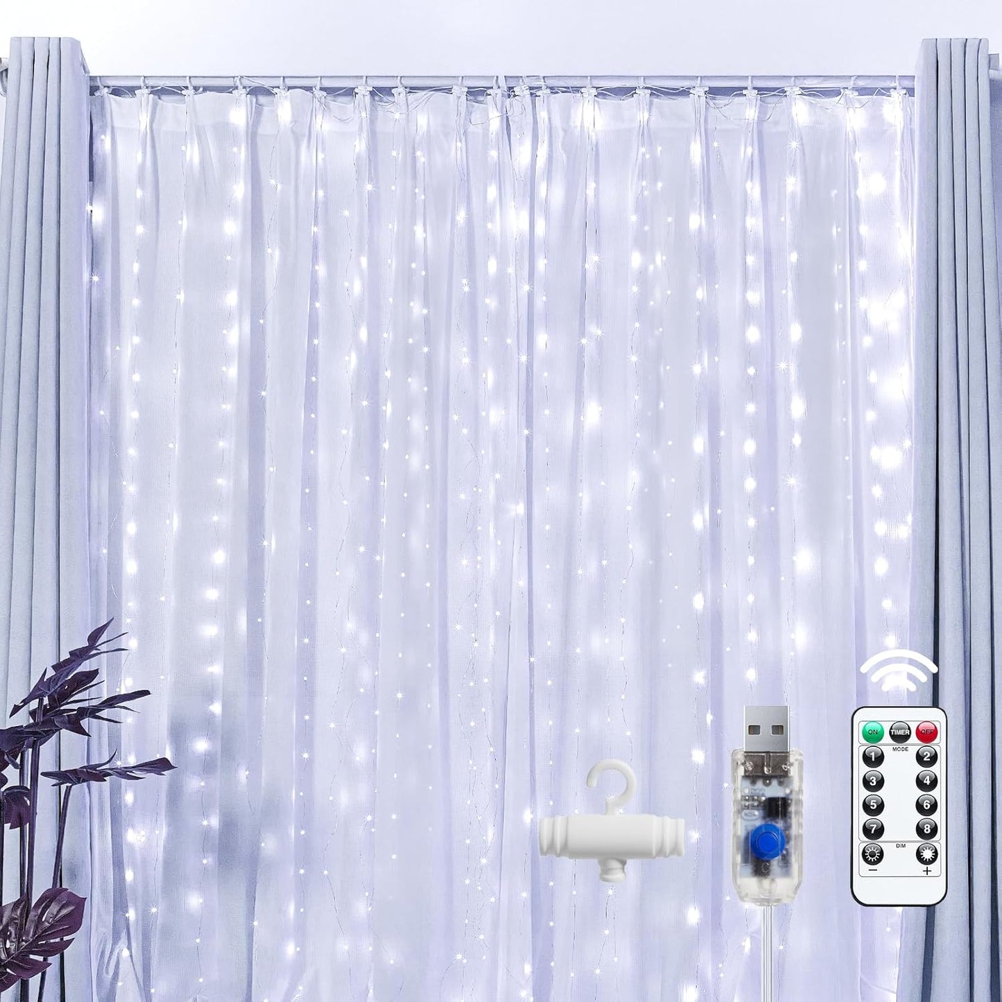 Brightown 300 LED Fairy Curtain Lights, 9.8ft x 9.8ft White Curtain String Lights, Winter Wonderland Decorations, USB Plug 8 Modes LED Christmas String Hanging Lights with Remote for Indoor Outdoor