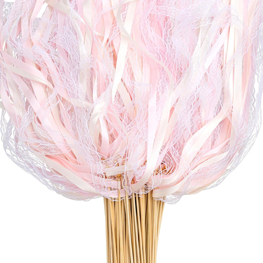 Taiyin 150 Pcs Lace Ribbon Stick Wands Wedding Wand Streamers with Bell Silk Ribbon Fairy Wand Wedding Send Off Streamer for Baby Shower Holiday Party Favors (Pink,Beige)