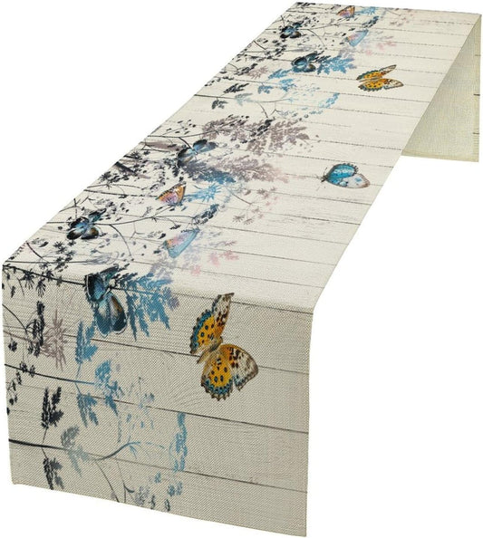 Nature Dandelion Table Runner,Rustic Floral Wood Plank Butterfly Girl Women Pattern Print Burlap Tablecloth for Hotel Indoors Outdoor Dining Room Kitchen Table Decor, 13x60in