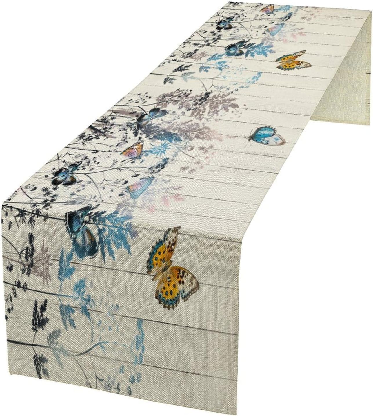 Nature Dandelion Table Runner,Rustic Floral Wood Plank Butterfly Girl Women Pattern Print Burlap Tablecloth for Hotel Indoors Outdoor Dining Room Kitchen Table Decor, 13x36in