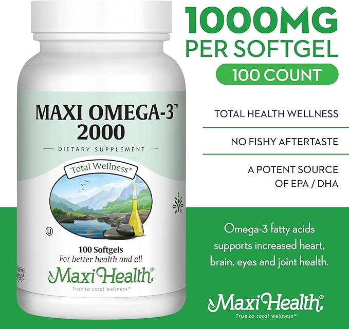 Maxi Health Omega 3 Fish Oil 2000mg – Fish Oil Omega 3 Supplements with No Fishy Aftertaste – Triple Strength EPA DHA – Kosher Omega3 Supplement to Help Support Overall Wellness (100 Softgels)
