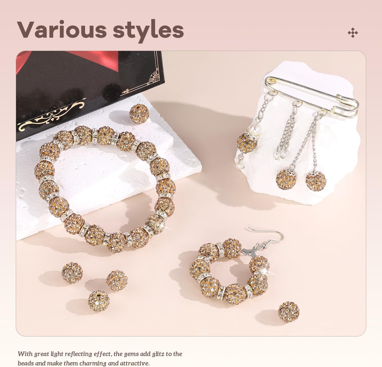 160pcs 10mm Rhinestone Beads for Jewelry Making, Light Brown Shiny Round Disco Ball Beads Bulk, Sparkle Crystal Clay Christmas for Bracelet Baseball Necklace Earring Crafting and DIY