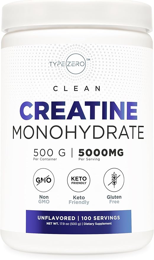 Type Zero Creatine Monohydrate (Unflavored | 500g), 5000 mg Per Serving, Micronized, Zero Sugar, Keto Friendly & Gluten Free, 100 Servings