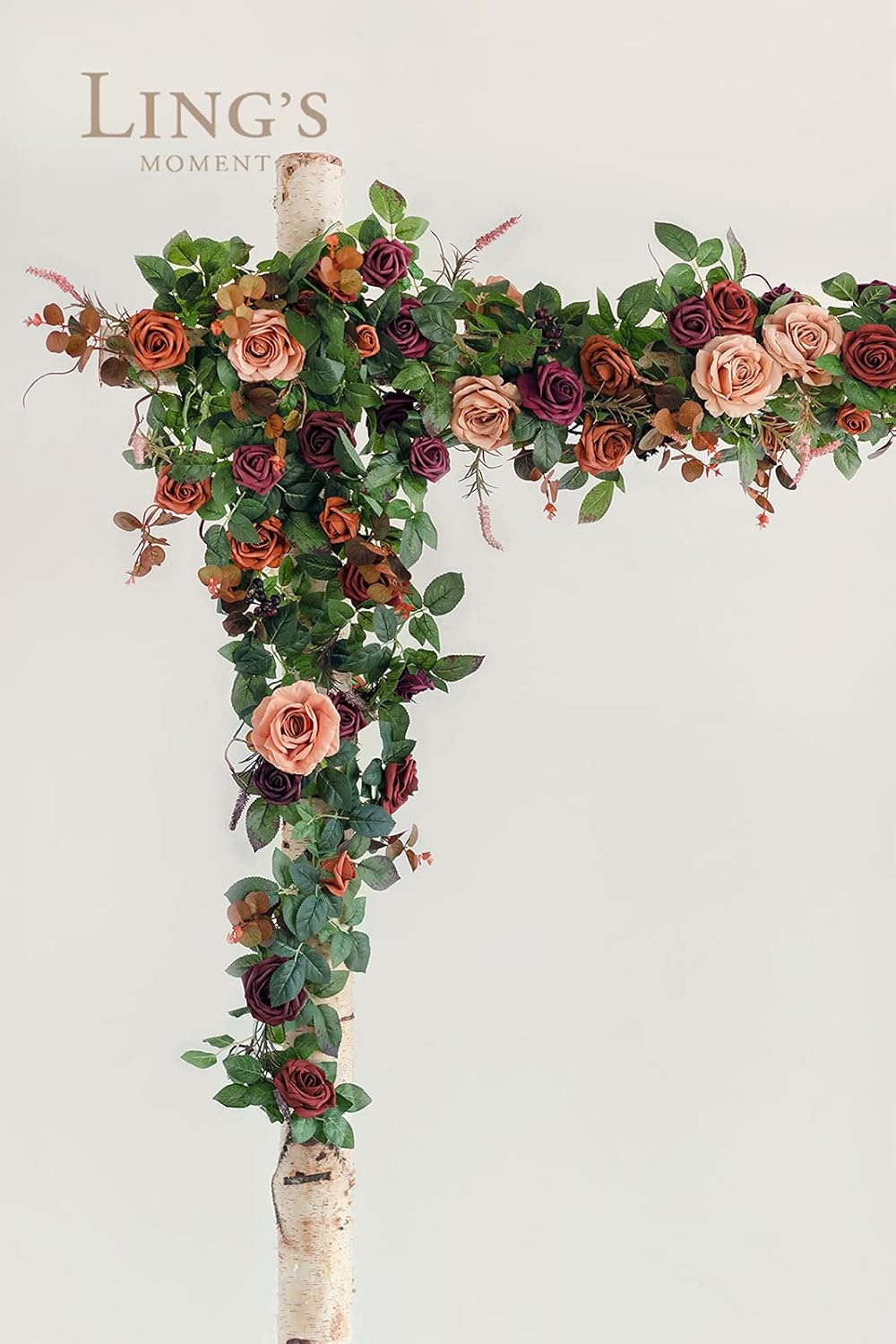 Ling's moment 5FT Terracotta Artificial Flower Garland Rose Eucalyptus Leaves Fall Floral Garland Burnt Orange Arch Flowers Vine for Wedding Party Backdrop Decor Mantel Table Centerpieces Decorations