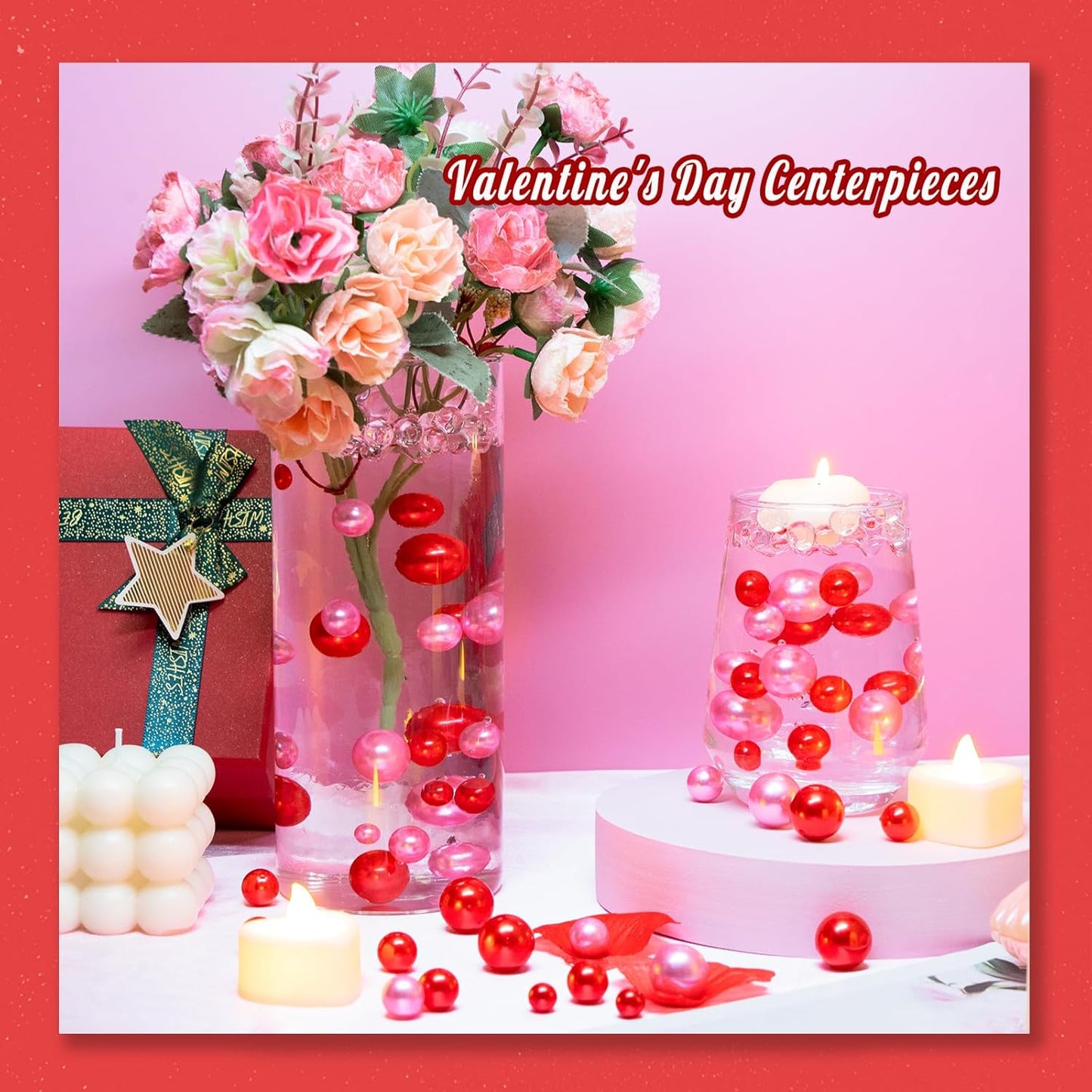 300Pcs Vase Filler Red Pink No Hole Faux Pearl Beads for Vase Filling Decorations, Candle Centerpieces, Wedding Centerpieces, Home Party Decor (8/14/20mm)