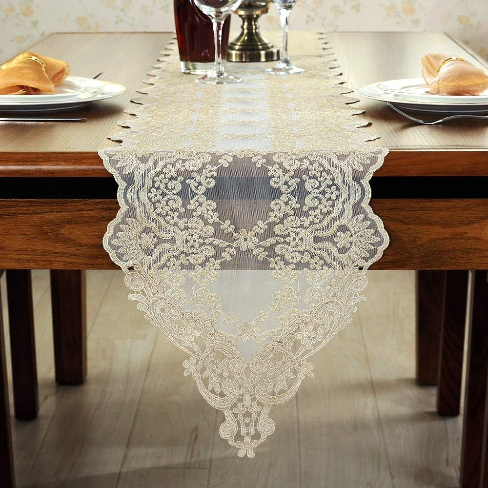 ARTABLE Rectangle Table Runner Lace Macrame Embroidered Table Runners with Exquisite Vintage Shabby Chic for Holiday Wedding Long Dinner Tables (Light Gold, 12 x 96 Inch)