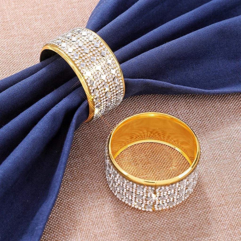 Rhinestone Napkin Ring Diamond Napkin Rings Stainless Steel Gold Crystal Napkin Holder Set of 6 for Dinner, Wedding, Party, Holiday, Banquet,Everyday Table Setting Home Decor (6, SilverGold)