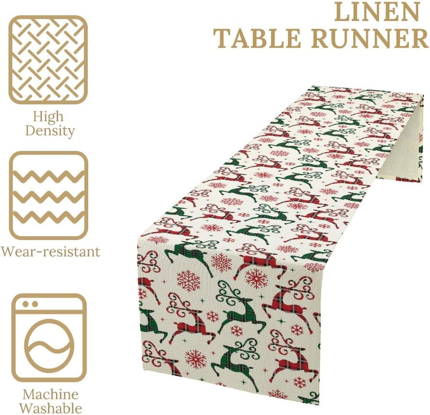 Christmas Table Runner,Christmas Plaid Deer Print Farmhouse Table Cloth Kitchen Dining Table Decoration for Home Party Decor 13x108 Inch