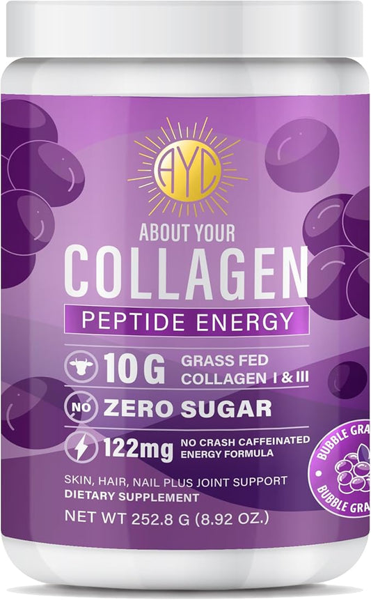 Peptide Energy Collagen Powder Hair, Nail, Skin, Type I & III,Caffeine for Energy, Vitamin C, Biotin, Hyaluronic Acid, Zero Sugar – 8.92 oz (Bubble Grape Blitz)