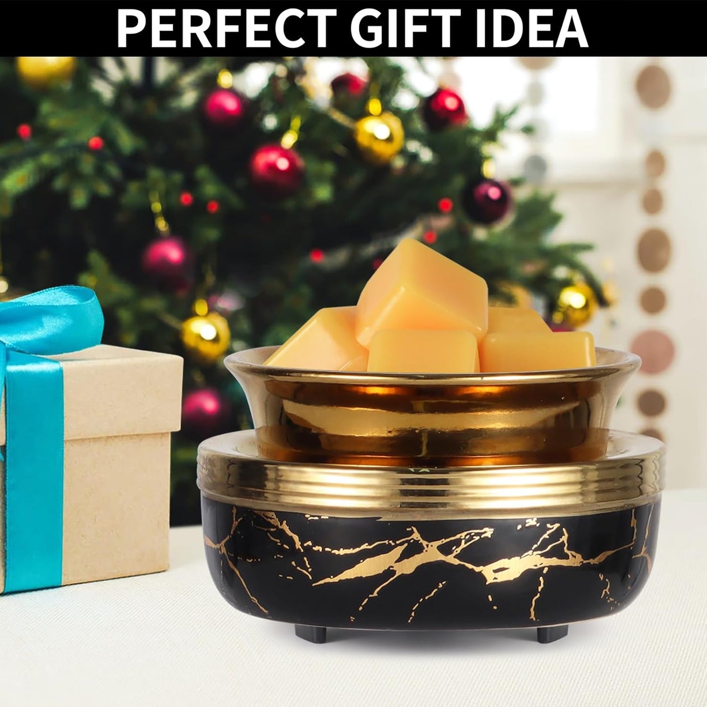 mocosa Ceramic Wax Melt Warmer Candle Warmer 3-in-1 Wax Warmer for Scented Wax Burner Electric Melter as Gifts for Mom Grandma Women（Black Gold）