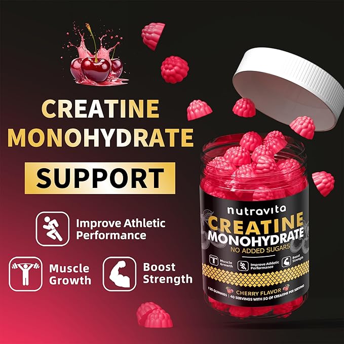 Creatine Monohydrate Gummies for Men & Women-5g of Creatine Monohydrate per Serving - Sugar Free,Vegan, Cherry Flavor, 120 Count