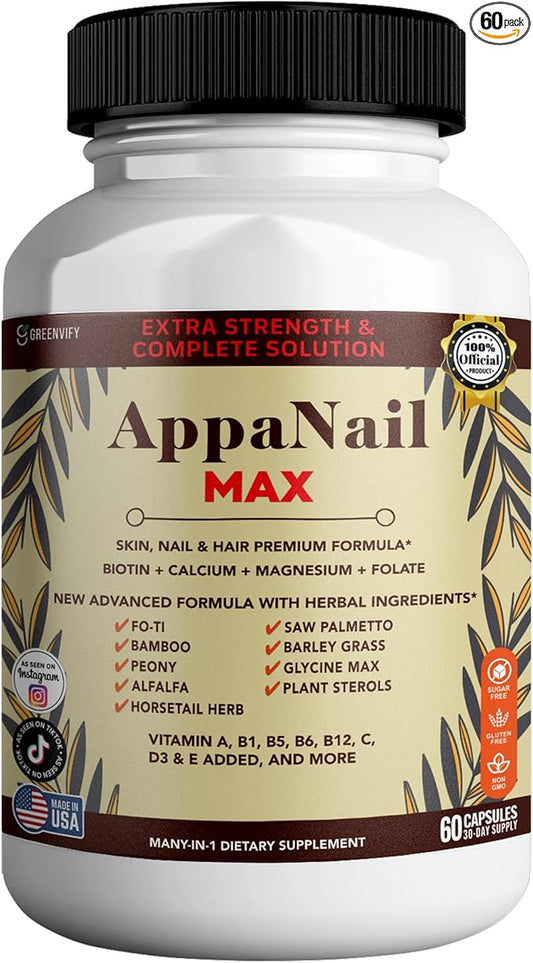 AppaNail MAX Hair Skin & Nail Supplement, 60 Capsules, with Biotin 5000mcg, Vitamins, Minerals & Herbal Complex (1)