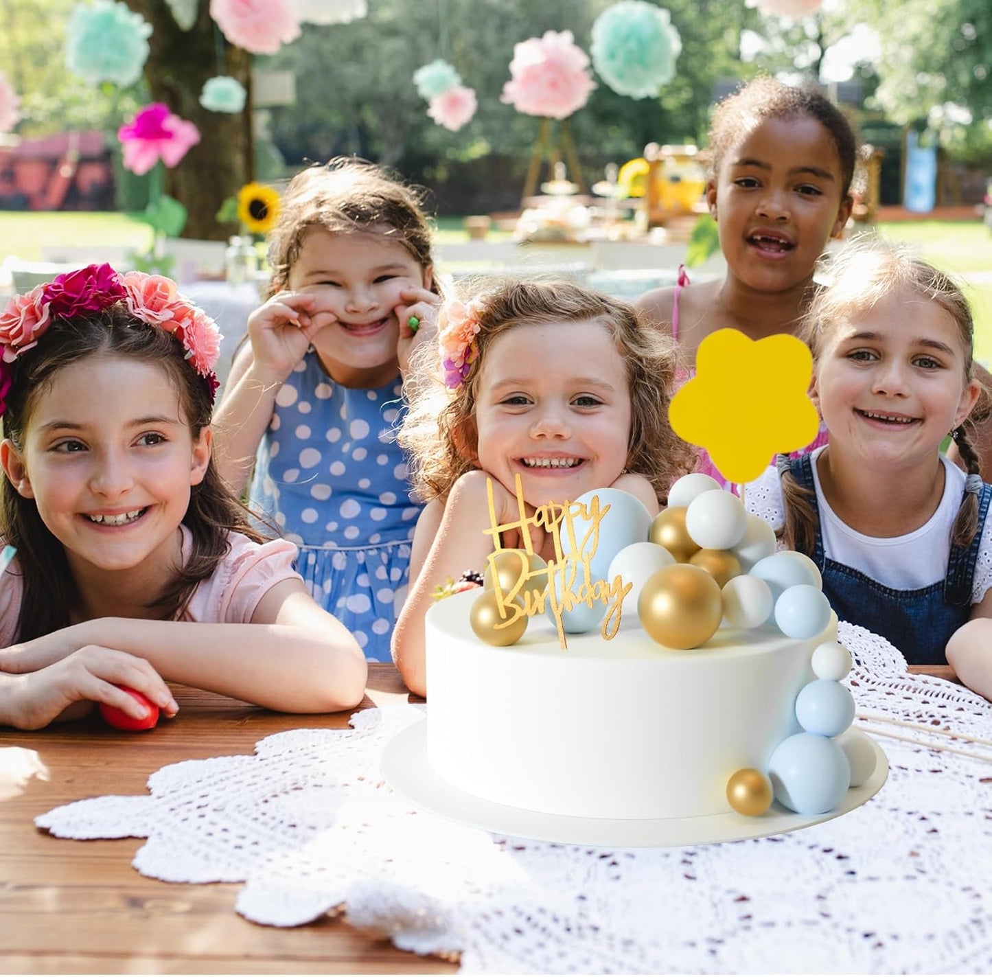 MIAHART Ball Cake Toppers Boho Grass Cake Topper Ball Cake Insert Decoration for Birthday Wedding Baby Shower Party Decorations Boho Themed Party Supplies (gold，light blue，white)