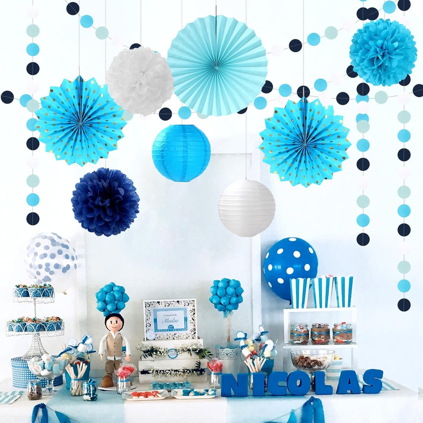 Light Royal Navy-Blue White Party-Decorations - 33pcs Kits Banner, Streamers Tassel Garland,Tissue Pom Poms Honeycomb, Paper Lantern Fans,Birthday Bachelorette Bridal Wedding Baby Shower Decor Hugtmr