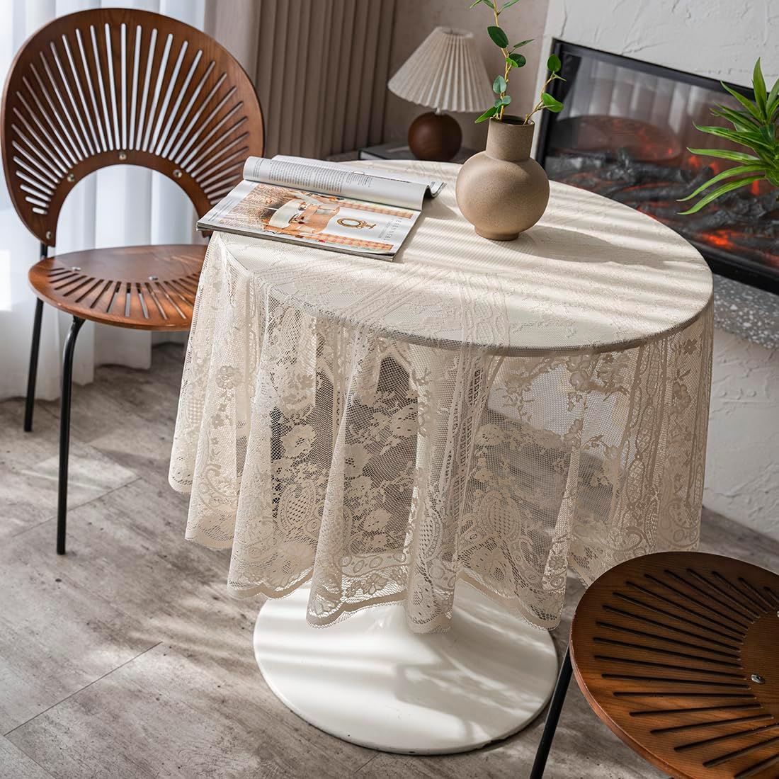 Vintage 60 inch Beige Lace Tablecloth Floral Embroidered Boho Shabby Chic Small Table Cover for Wedding Halloween Party Dinning Holiday, 1 Piece