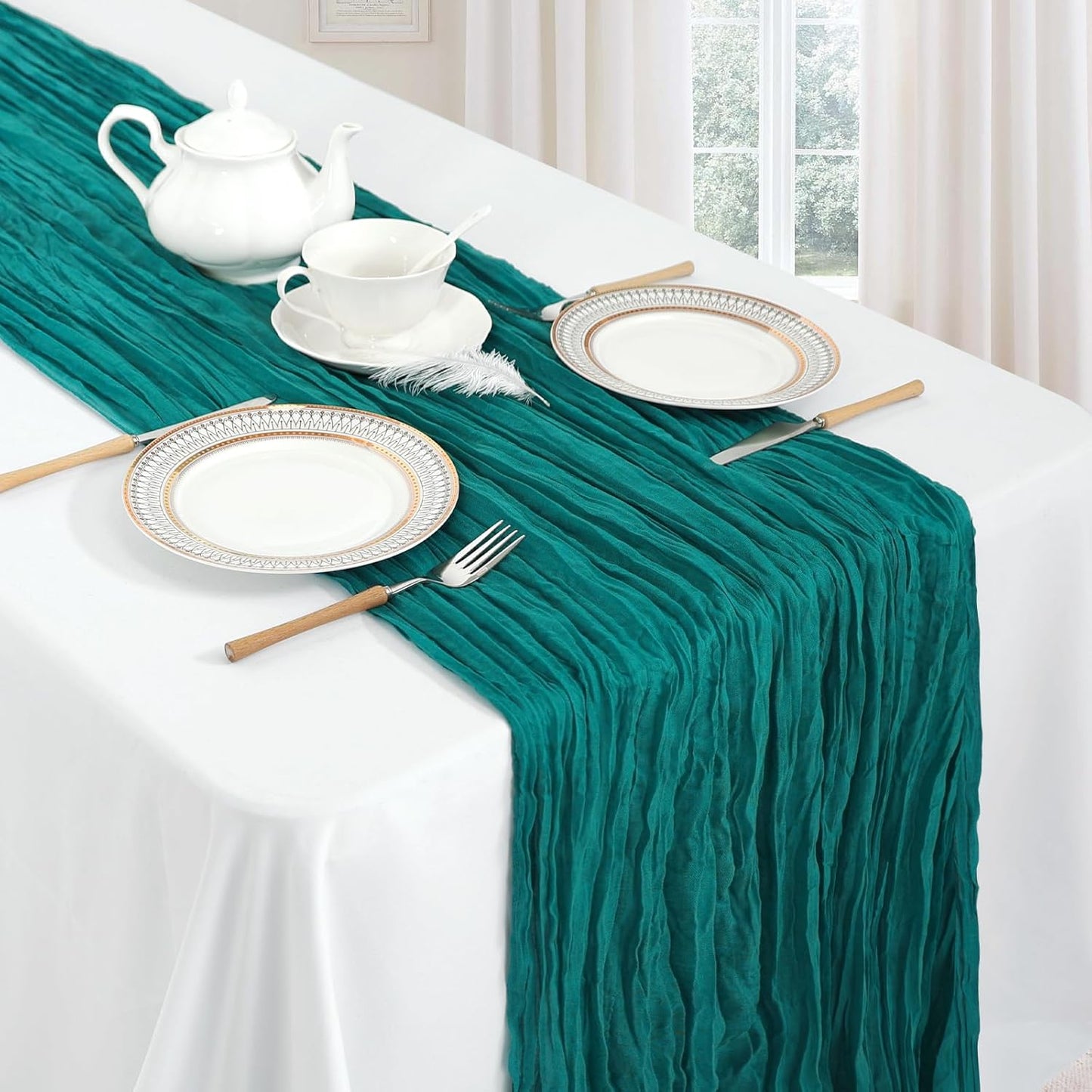 6 Pack Turquoise Cheesecloth Table Runner 10ft Boho Gauze Fabric Cheese Cloth Table Runner 35 x 120 Inch Rustic Sheer for Romantic Wedding Decor Baby Shower Party Table Centerpiece Decoration