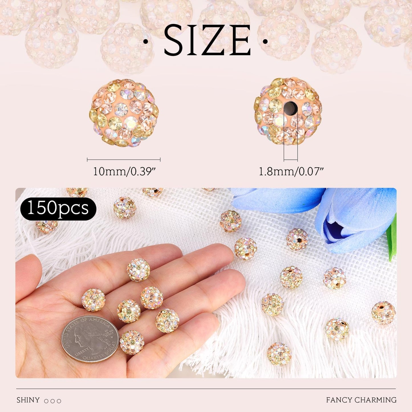 150pcs 10mm Rhinestone Beads for Jewelry Making, Light Peach AB Shiny Round Shamballa Disco Beads Bulk, Sparkle Crystal Clay Christmas for Bracelet Baseball Necklace Earring Crafting and DIY