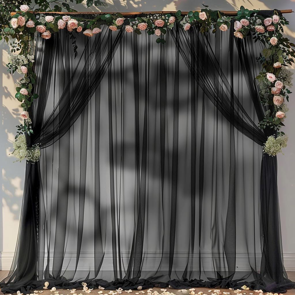 10ft X 10ft Black Sheer Backdrop Curtain for Parties, Tulle Sheer Fabric Backdrop Curtain Drapes for Baby Shower Birthday Party Photo Shoot Halloween Decorations