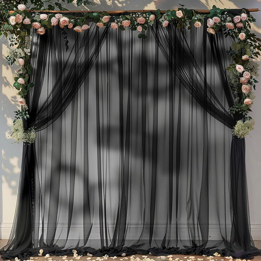 PARTISKY 20ft X 10ft Black Tulle Backdrop Curtain for Parites, Sheer Backdrop Curtains Fabric Drapes for Wedding Ceremony Arch Party Stage Decorations