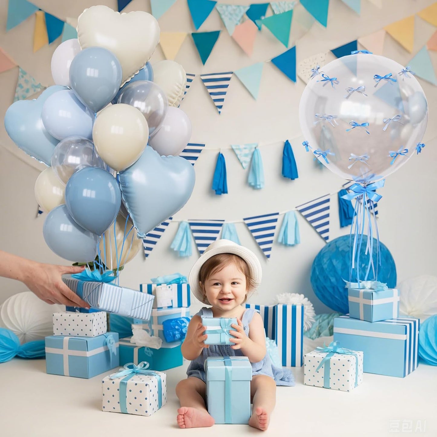 Blue Nude Balloons Heart Mylar Balloons, Happy Birthday Decoration for Boys Kids Baby Shower, Light Baby Dusty Blue Cream Balloon 18 in Clear Heart Shape Foil Balloon as Bride Christening Party Decor