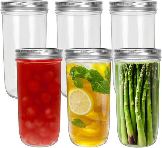 CycleMore 24oz 6 Pack Mason Glass Jars with AirTight Lids and Bands, Wide Mouth Canning Jars for Jelly, Jam, Honey, Wedding Favors, Spices and Herbs