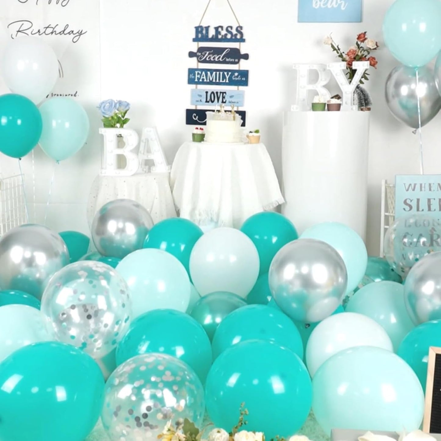 Paready Teal Blue Balloons Set, 50pcs 12 Inch Turquoise Metallic Green Confetti Silver White Balloons For Wedding, Bridal Shower, Engagement, Birthday