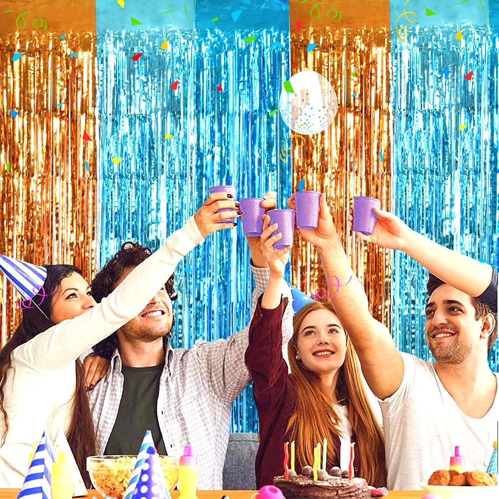 TONIFUL Orange Blue Door Streamers,Blue and Orange Photo Booth Backdrop Metallic Streamers Foil Fringe Curtain for Birthday,New Year,Graduation,Grad,Bachelorette Party Streamers Decoration