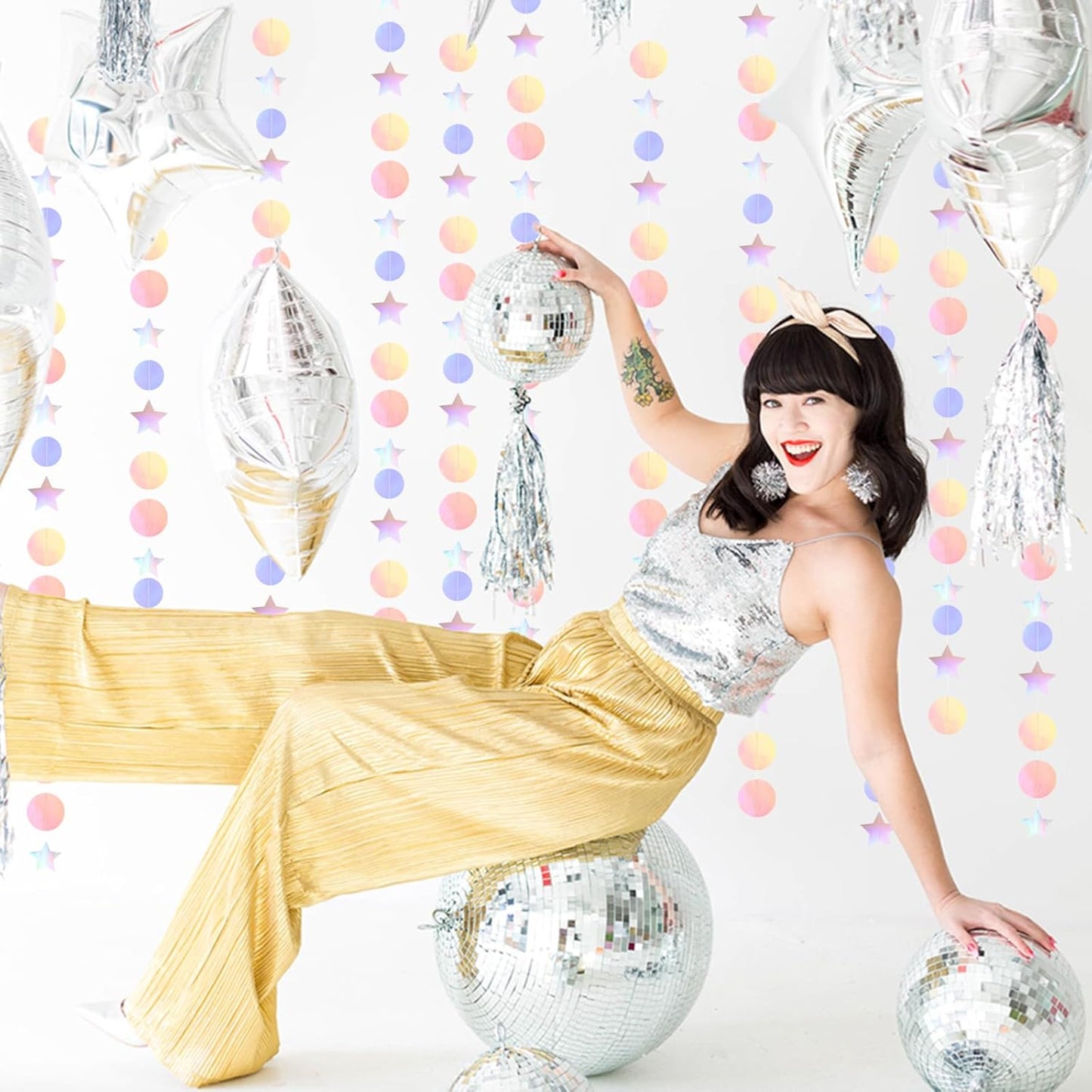 Iridescent Disco-Holographic Birthday Party-Decorations Garland - 52Ft Star Neon Wedding Hanging Paper Streamers Banner,Christmas Bachelorette Baby Bridal Shower Engagement Decor Ouruola