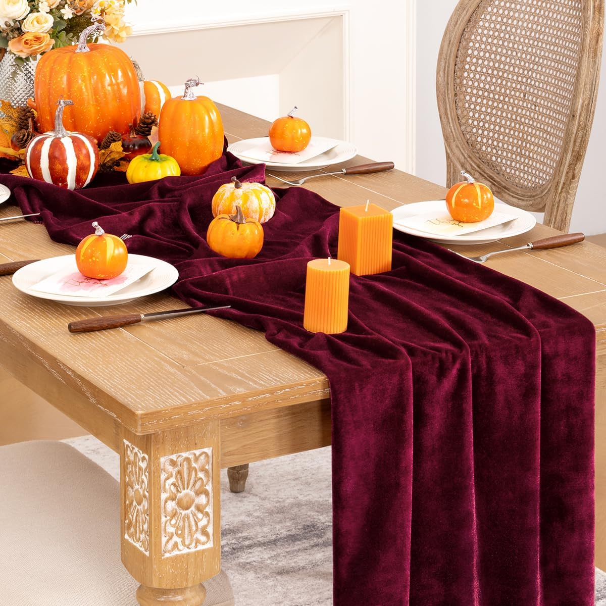 Burgundy Velvet Table Runner Fall Thanksgiving Red Table Runner 20 x 120 Inch Luxurious Elegant Velvet Fabric Friendsgiving Table Decorations for Christmas Dinner Wedding Bridal Baby Shower