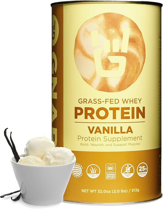 Gnarly Nutrition Vanilla Protein Powder – NSF Sport Certified – 25g Protein, Muscle Repair – Grass Fed Whey Powder, Smooth Taste – Vanilla, 32 oz
