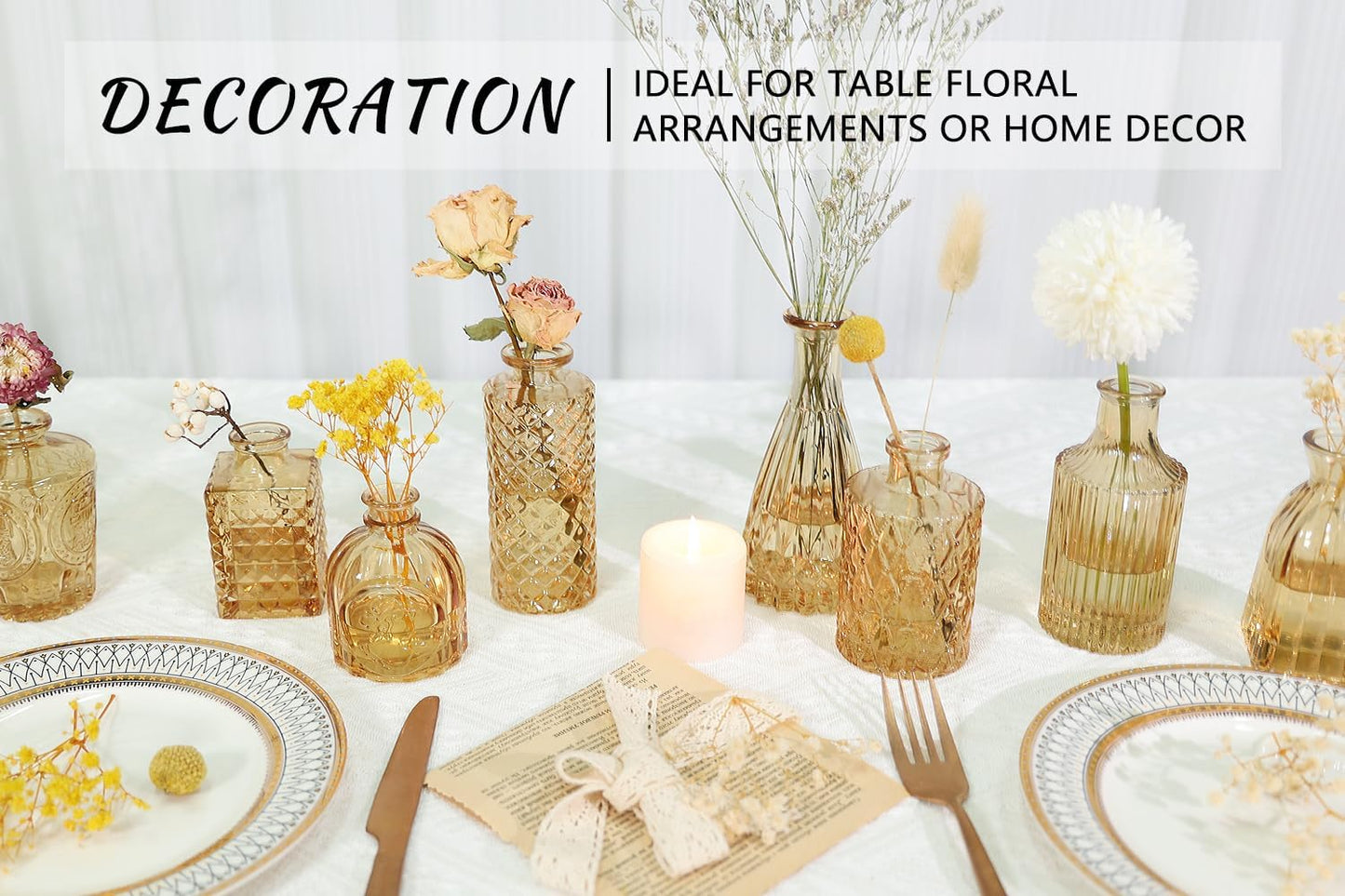 12pcs Glass Bud Vase Set, Small Gold Amber Flower Vases for Centerpieces in Bulk, Mini Vintage Vase for Wedding, Home,Table Decoration