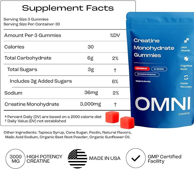 Creatine Monohydrate Gummies - Supports Muscle Growth, Recovery & Brain Function - Convenient & Easy to Take - Great Tasting Watermelon Flavor - 1g per Gummy, Low Sugar - 90 Count