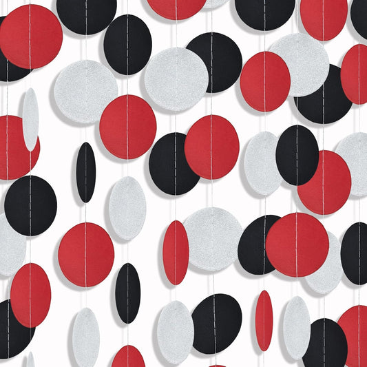MerryNine Paper Garland 5 Pack, 50ft Glitter Paper Garland Circle Dots Hanging Decor, Banner for Baby Shower, Birthday, Nursery Party Decor (Red Black Silver)