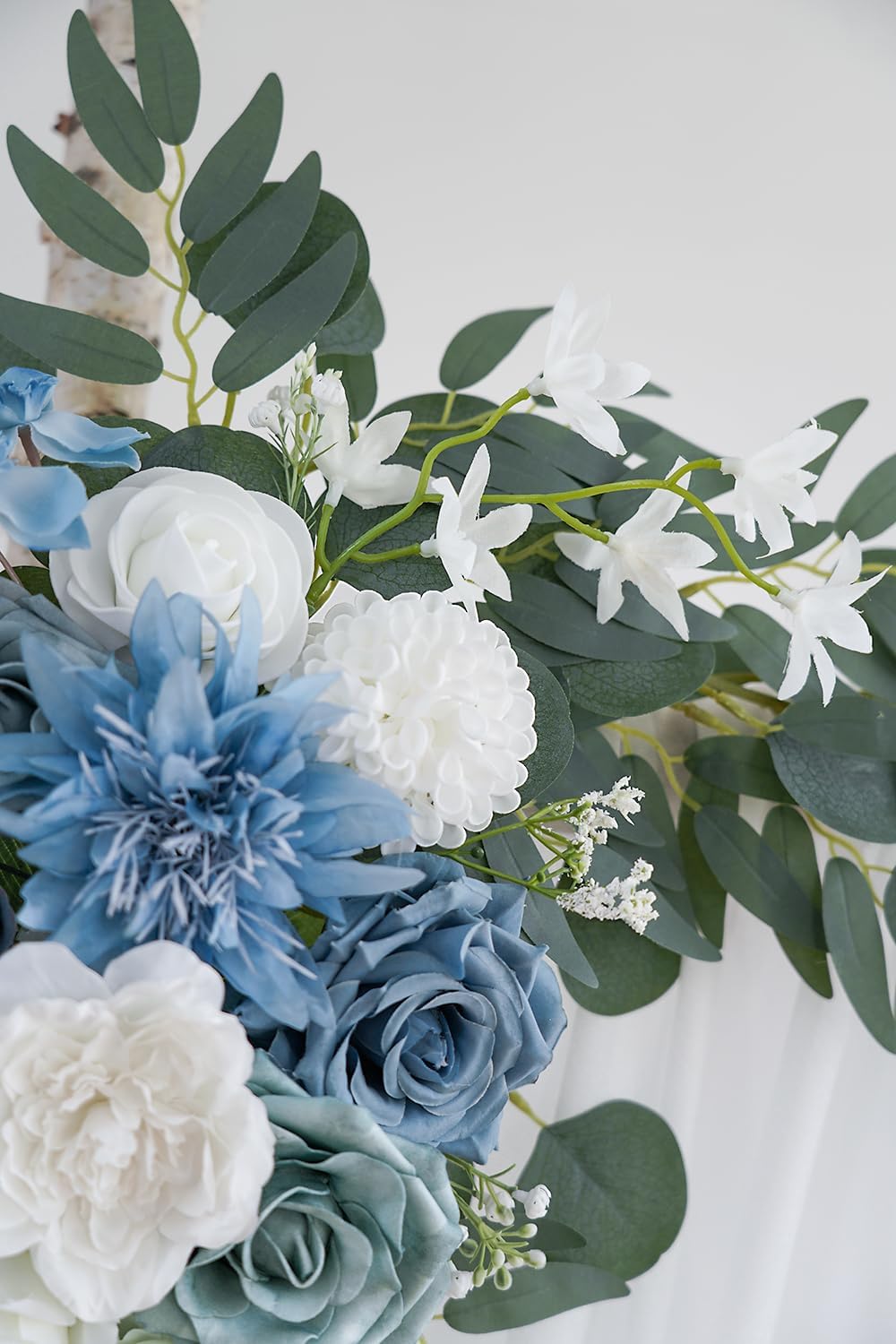 Light Blue Artificial Wedding Arch Flowers Kit (Pack of 3) with 26Ft White Shiny Arch Draping Fabric for DIY Wedding Party Ceremony Reception Backdrop Floral Decoration