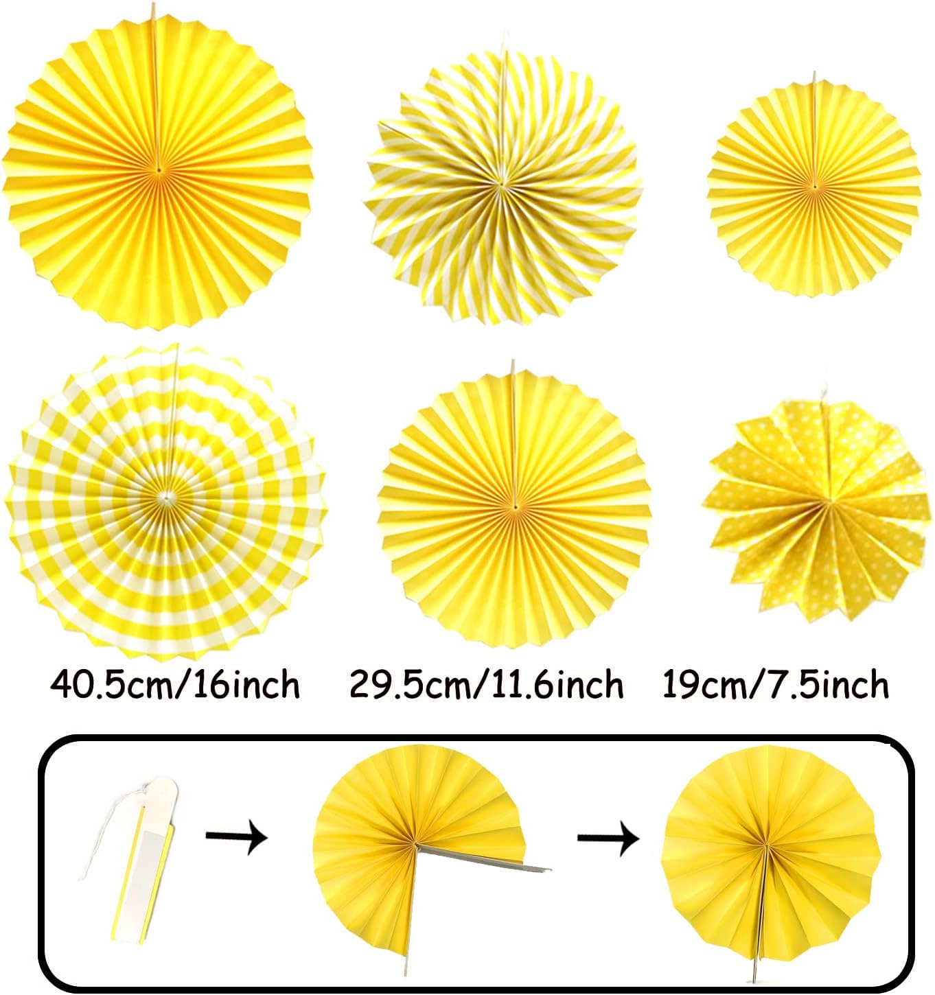 ZERODECO Party Decoration, 21 Pcs Yellow Hanging Paper Fans Pom Poms Flowers, Garlands String Polka Dot and Triangle Bunting Flags for Minnie Mouse Birthday Parties Baby Showers Wedding