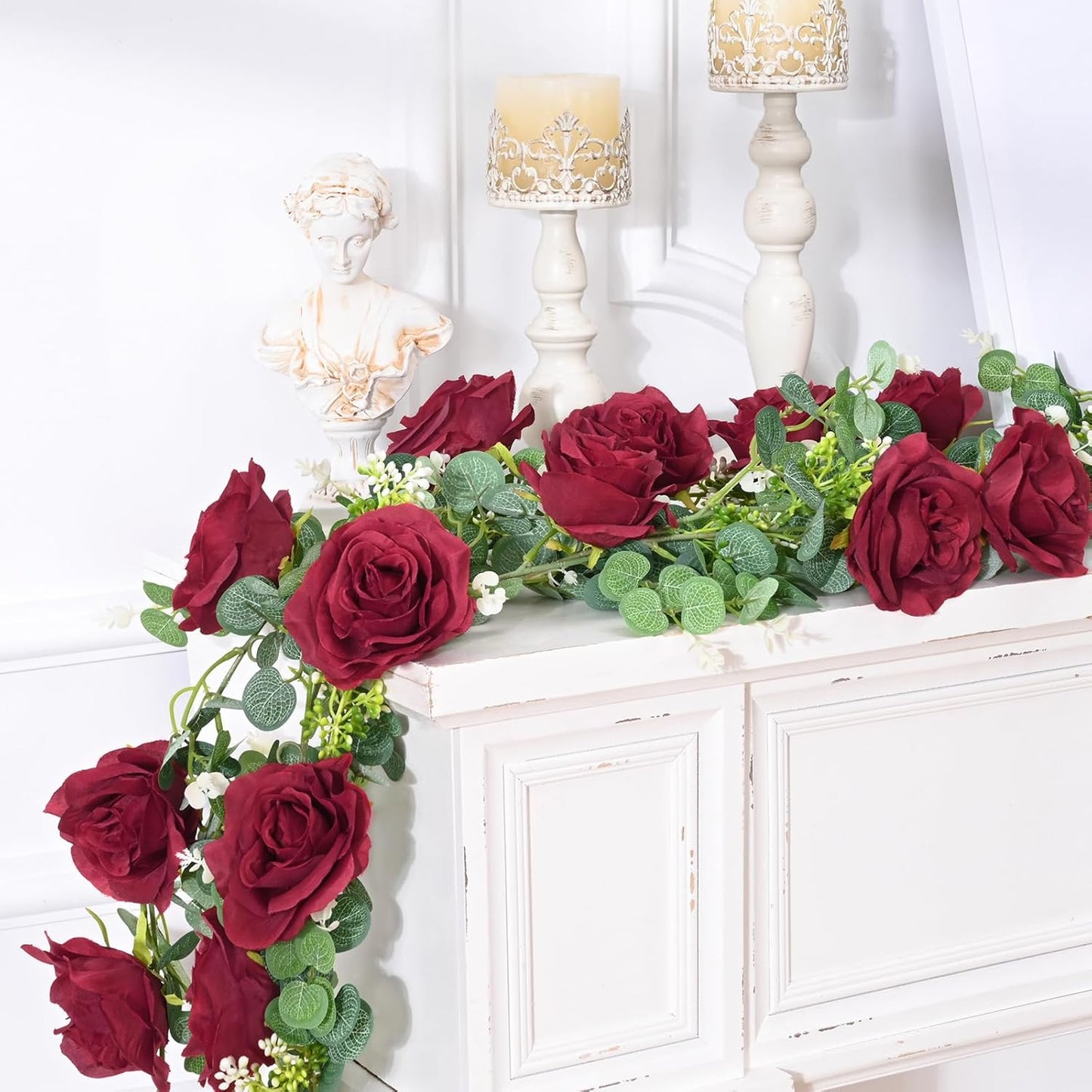 Dolicer 2Pcs 13Ft Artificial Eucalyptus Garlands with Flowers - 8 Roses, Faux Floral Greenery Garlands Fake Flowers Vines for Wedding Table Centerpieces Arch Party Ceremony Backdrop Decor (Red)