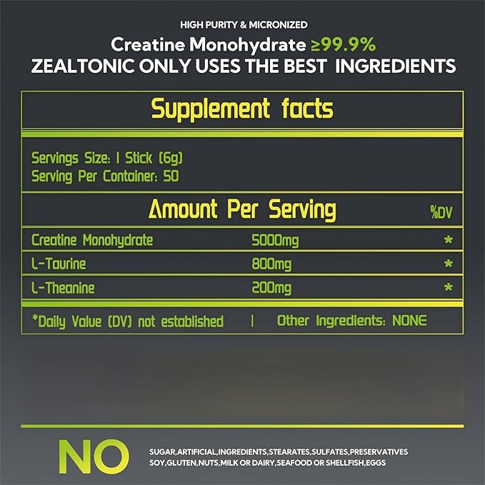 5000mg 99.9% Micronized Creatine Monohydrate Powder Stick Packs with 800mg of Taurine, and 200mg of L-theanine Supports Strength, Lean Muscle, & Recovery for Men & Women Creatine Packets 100 Servings
