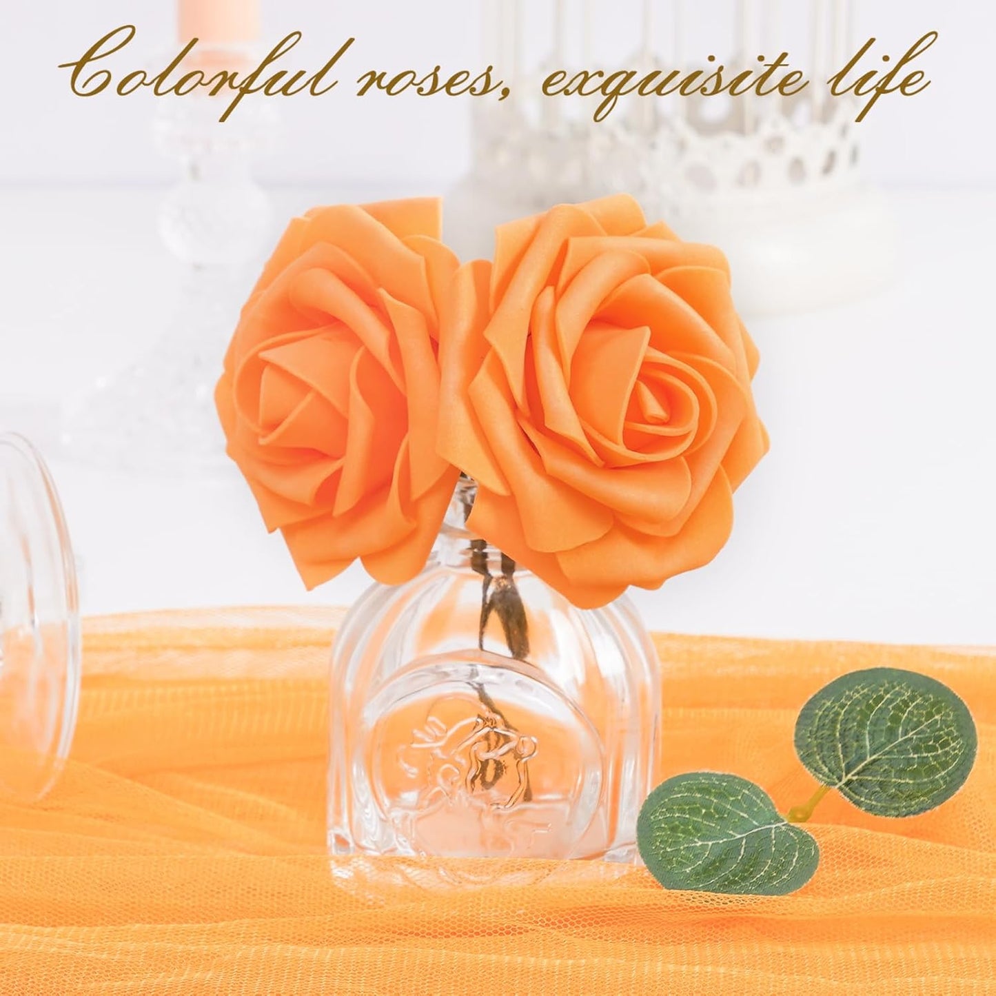 BLEUM CADE 36Pcs Artificial Flowers Fake Roses with Stems, Orange Boxed Foam Roses for DIY Bouquets Centerpieces Wedding Party Arrangement Bridal Shower Decor