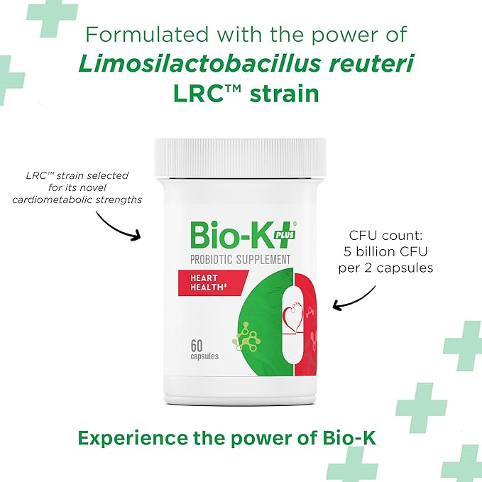 Bio K+ Heart Health Probiotic Capsules – Probiotics for Men and Women – Cholesterol and Heart Health* Support Supplement – Vegan, Shelf-Stable, Non-GMO – 60 Capsules