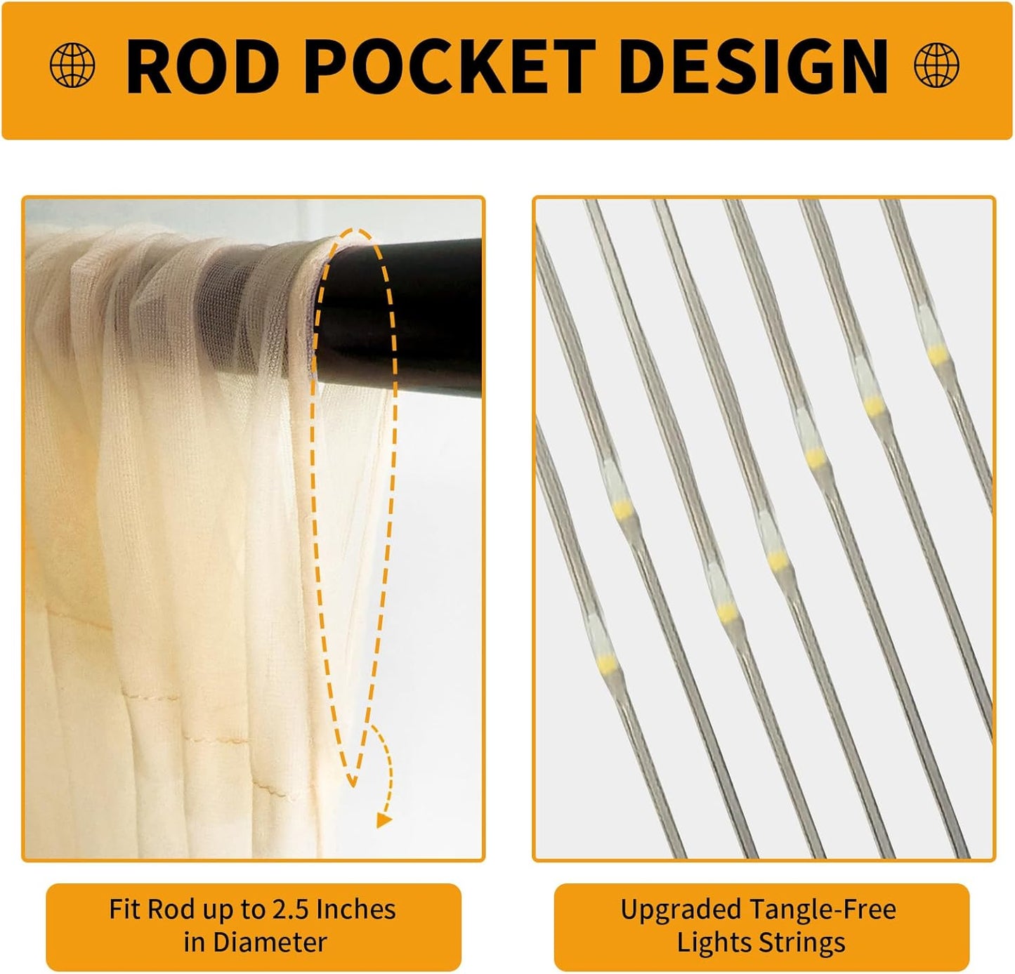 Champagne Tulle Backdrop Curtain with Lights String - 10x8ft Sheer Backdrop with 250 LEDs for Wedding, Baby Shower, Bridal Shower, Birthday Party Photo Shoot Background and Home Decorations