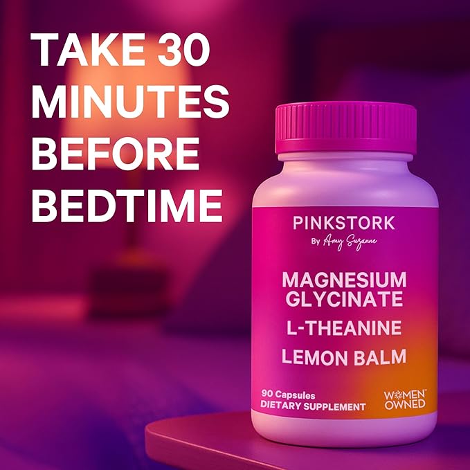Pink Stork Magnesium Glycinate, L-Theanine, Lemon Balm - Melatonin-Free Magnesium for Sleep Support - Natural Calm and Relaxation - 90 Capsules