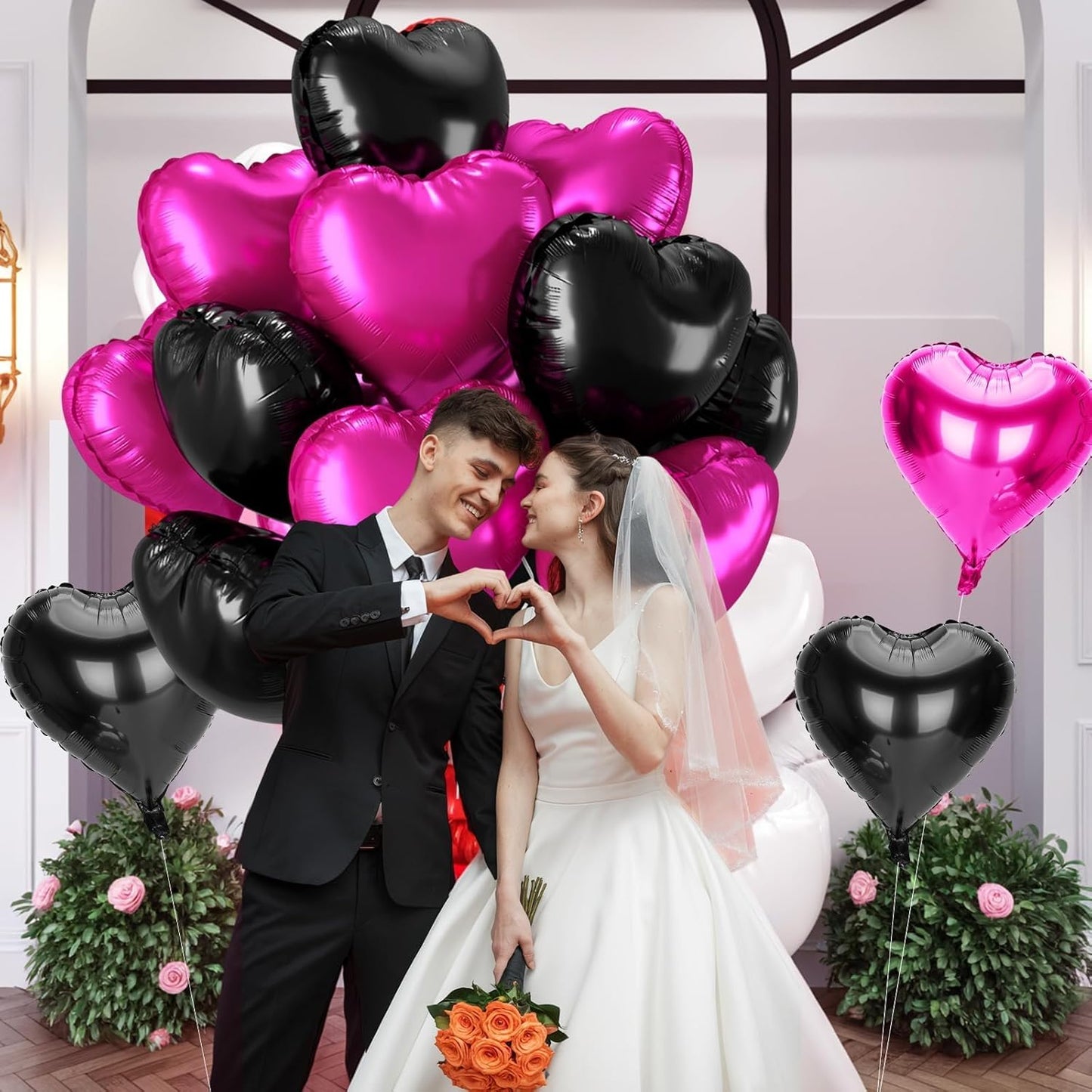12 Pcs Heart Balloons, 18 inch Valentine's Day Balloons, Hot Pink Black Heart Foil Helium Balloon, Love Printed Foil Balloon for Valentine's Day Wedding Baby Shower Party Decorations