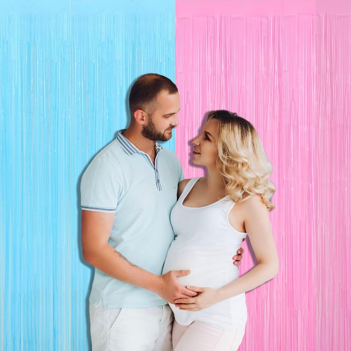 4 Pack Macaron Pink Blue Foil Fringe Curtain Backdrop, 3.28Ft x 8.2Ft Metallic Tinsel Foil Fringe Streamers for Photo Booth, Wedding Gender Reveal Backdrop Boy or Girl Birthday Party Decoration