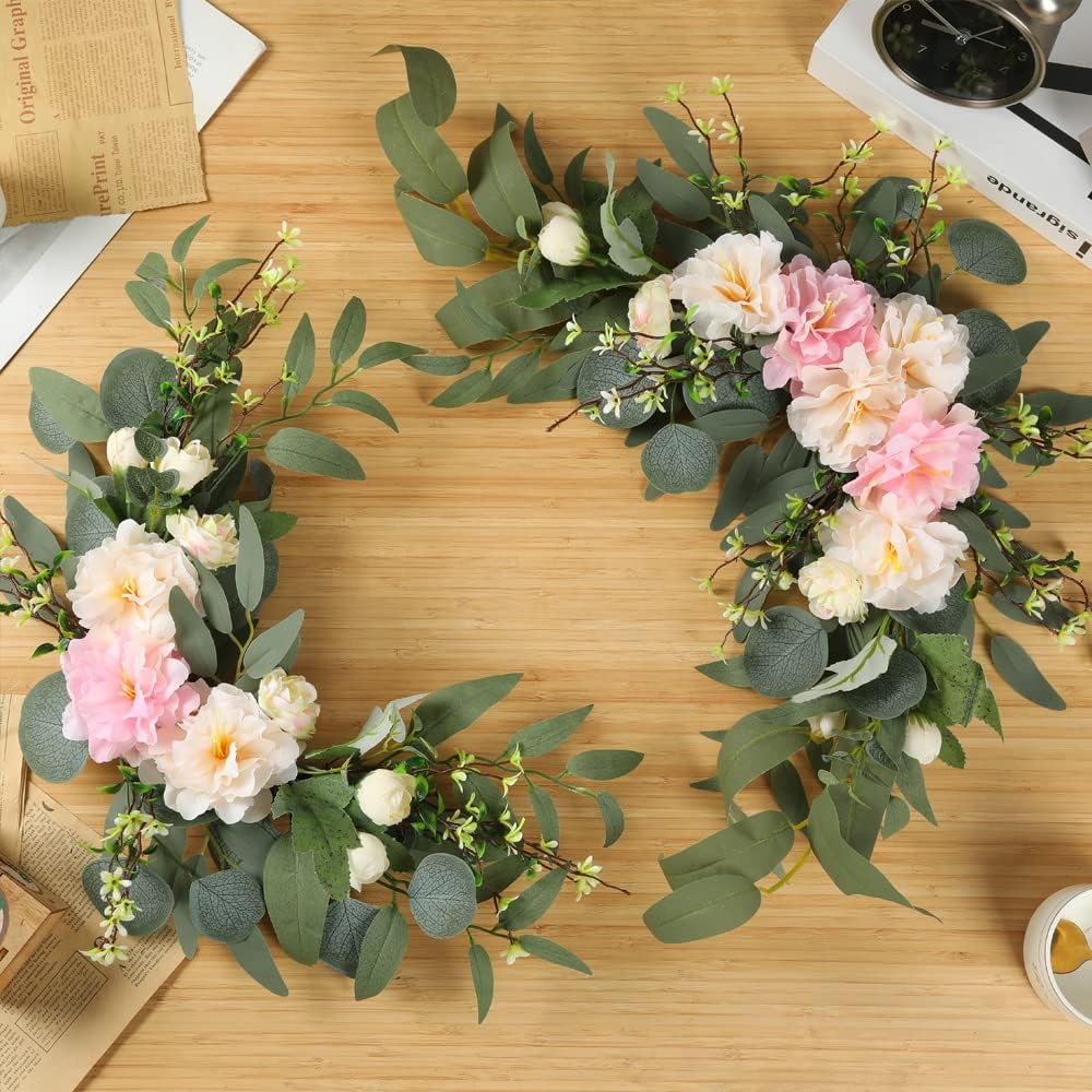 H&W 2pcs Artificial Wedding Arch Flowers for Wedding Sign, Floral Swag Dusty Decor for Reception Ceremony Backdrop Sweetheart Table (Grass Heart-Peony)