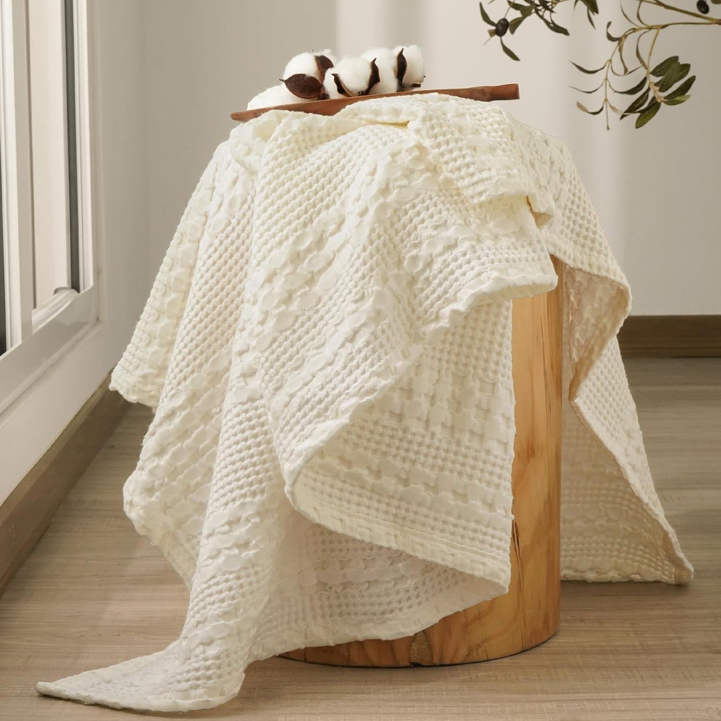 PHF 100% Cotton Waffle Weave Throw Blanket, Soft Lightweight Breathable Cozy Throws for Couch Bed Sofa, Luxury Aesthetic Woven Blanket for Home Decor & Office, 50"x60", Cannoli Cream